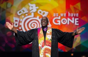 Bishop Warner H. Brown helps lead opening worship at the 2016 United Methodist General Conference in Portland. Photo by Mike DuBose, UMNS