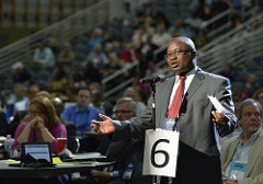 The Rev. Edwin Julius Jeblar Momoh, speaks against Rule 44 Photo by Paul Jeffrey, UMNS